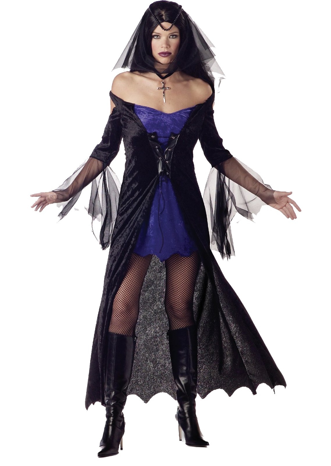 Brunette Gothic Girl wearing Black Fishnet Pantyhose and Black Short Dress